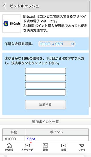 ビットキャッシュ番号入力画面